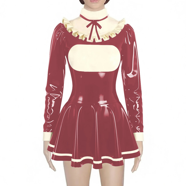 Preppy Style Shiny Mini Pleated Dress Sissy Long Sleeve Vinyl PVC Leather Lolita Dress for Rave Party Cosplay Short Gown Dresses