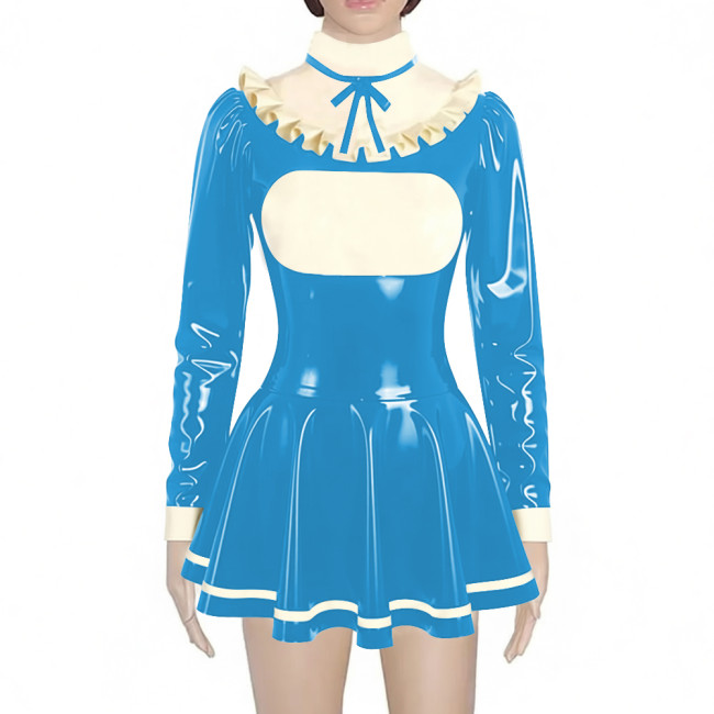 Preppy Style Shiny Mini Pleated Dress Sissy Long Sleeve Vinyl PVC Leather Lolita Dress for Rave Party Cosplay Short Gown Dresses