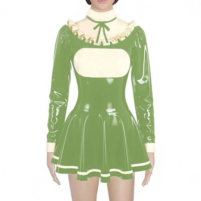 Preppy Style Shiny Mini Pleated Dress Sissy Long Sleeve Vinyl PVC Leather Lolita Dress for Rave Party Cosplay Short Gown Dresses