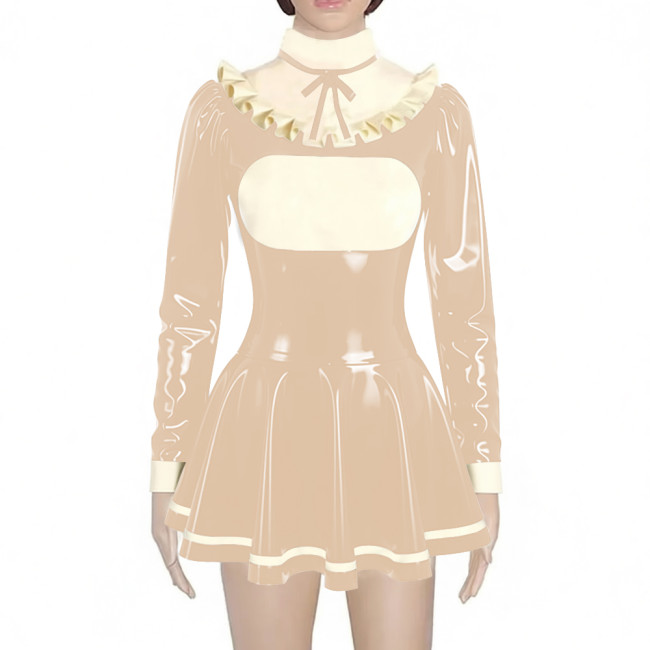 Preppy Style Shiny Mini Pleated Dress Sissy Long Sleeve Vinyl PVC Leather Lolita Dress for Rave Party Cosplay Short Gown Dresses