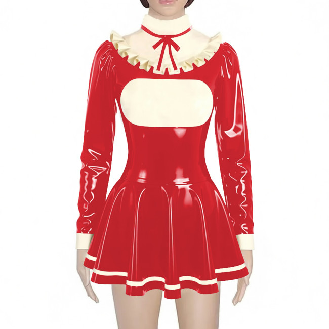 Preppy Style Shiny Mini Pleated Dress Sissy Long Sleeve Vinyl PVC Leather Lolita Dress for Rave Party Cosplay Short Gown Dresses
