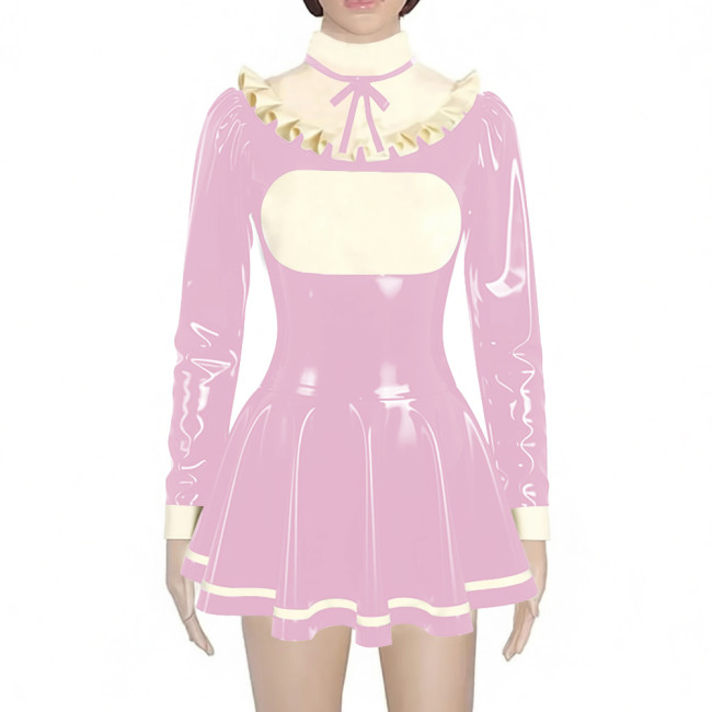 Preppy Style Shiny Mini Pleated Dress Sissy Long Sleeve Vinyl PVC Leather Lolita Dress for Rave Party Cosplay Short Gown Dresses