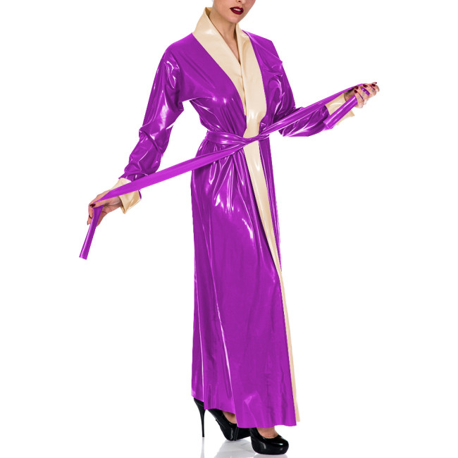 Sexy PVC Patent Leather Robe Long Dress Womens Mens Belted Coat Maxi Nightgown Shiny Lingerie Gown for Cosplay Party Halloween