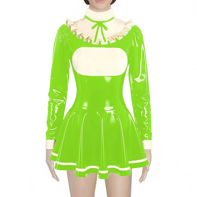 Preppy Style Shiny Mini Pleated Dress Sissy Long Sleeve Vinyl PVC Leather Lolita Dress for Rave Party Cosplay Short Gown Dresses