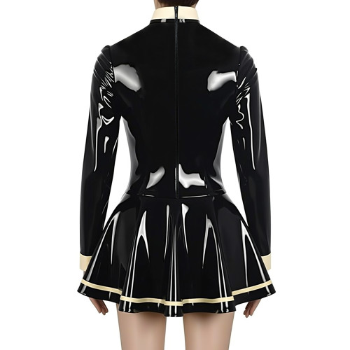 Preppy Style Shiny Mini Pleated Dress Sissy Long Sleeve Vinyl PVC Leather Lolita Dress for Rave Party Cosplay Short Gown Dresses
