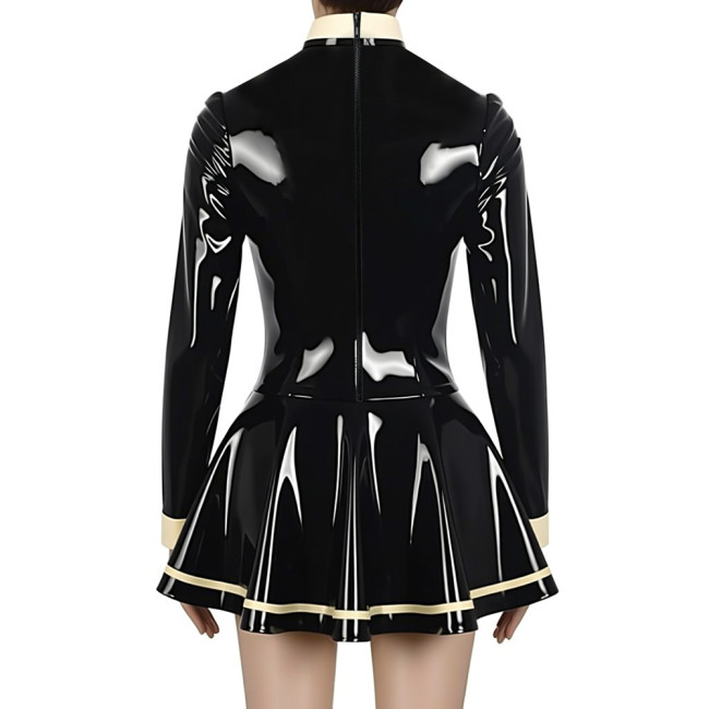 Preppy Style Shiny Mini Pleated Dress Sissy Long Sleeve Vinyl PVC Leather Lolita Dress for Rave Party Cosplay Short Gown Dresses