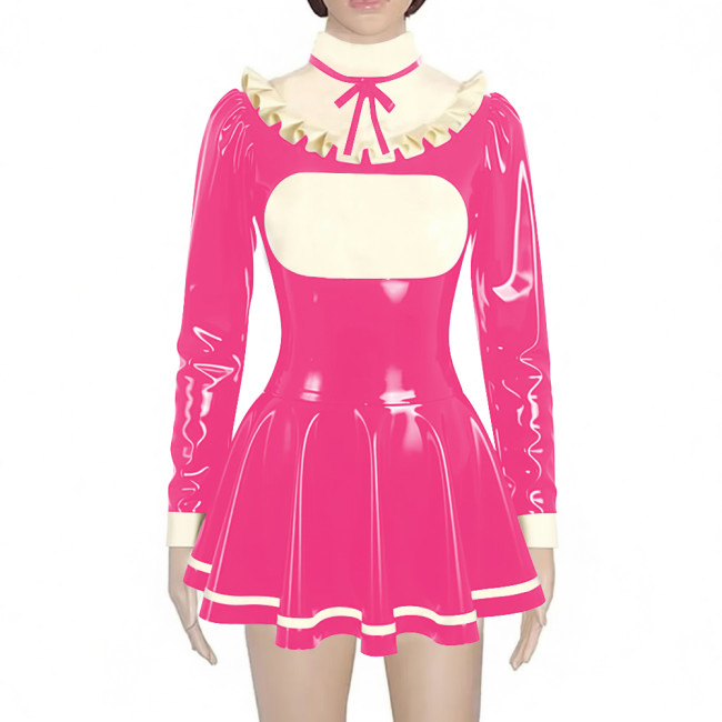 Preppy Style Shiny Mini Pleated Dress Sissy Long Sleeve Vinyl PVC Leather Lolita Dress for Rave Party Cosplay Short Gown Dresses
