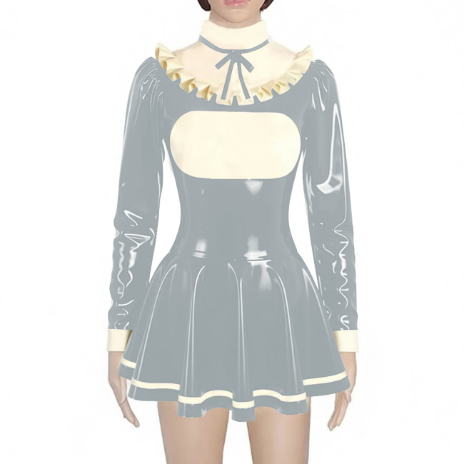 Preppy Style Shiny Mini Pleated Dress Sissy Long Sleeve Vinyl PVC Leather Lolita Dress for Rave Party Cosplay Short Gown Dresses