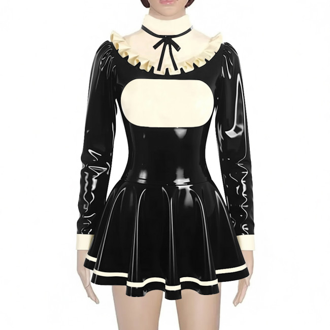 Preppy Style Shiny Mini Pleated Dress Sissy Long Sleeve Vinyl PVC Leather Lolita Dress for Rave Party Cosplay Short Gown Dresses
