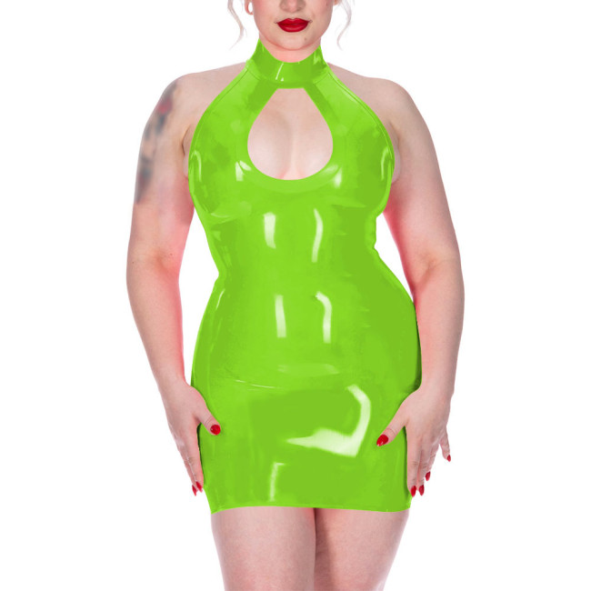Plus Size Shiny Halter Collar Mini Dress for Womens Sexy Sleeveless Backless Skinny Club Dress Hotties Hollow Party Gown Vestido