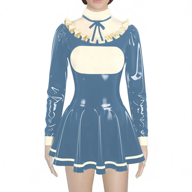 Preppy Style Shiny Mini Pleated Dress Sissy Long Sleeve Vinyl PVC Leather Lolita Dress for Rave Party Cosplay Short Gown Dresses