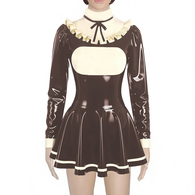 Preppy Style Shiny Mini Pleated Dress Sissy Long Sleeve Vinyl PVC Leather Lolita Dress for Rave Party Cosplay Short Gown Dresses