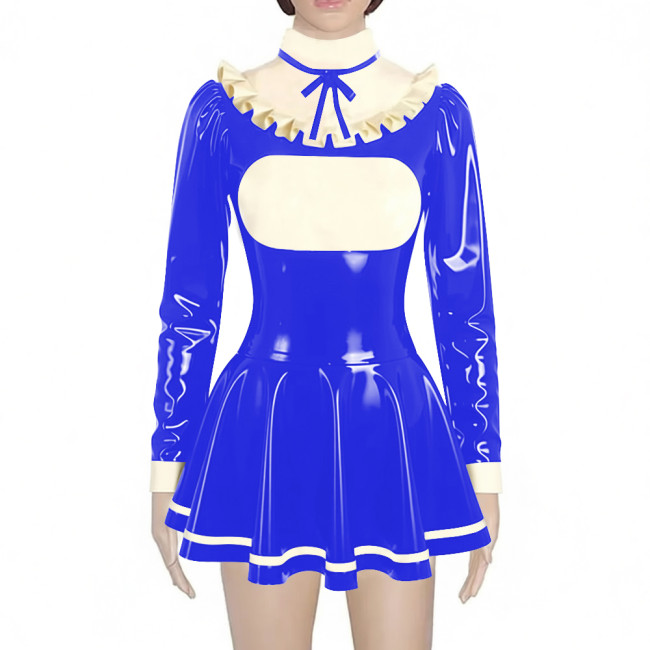 Preppy Style Shiny Mini Pleated Dress Sissy Long Sleeve Vinyl PVC Leather Lolita Dress for Rave Party Cosplay Short Gown Dresses