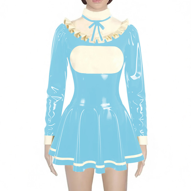 Preppy Style Shiny Mini Pleated Dress Sissy Long Sleeve Vinyl PVC Leather Lolita Dress for Rave Party Cosplay Short Gown Dresses