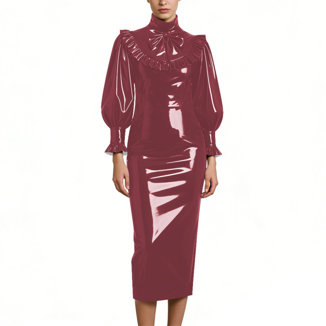 Cocktail Party Shiny PVC Leather Midi Dresses Lockable High Neck Long Sleeve Slim Fit Pencil Dress with Bow Vintage Gown Dress