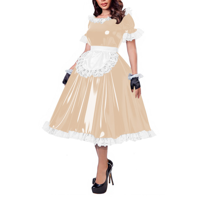 French Maid Lace Trim Glossy Midi Dress Sissy Puff Sleeve Apron Wet PVC Leather A-line Dress for Halloween Party Cosplay Outfits
