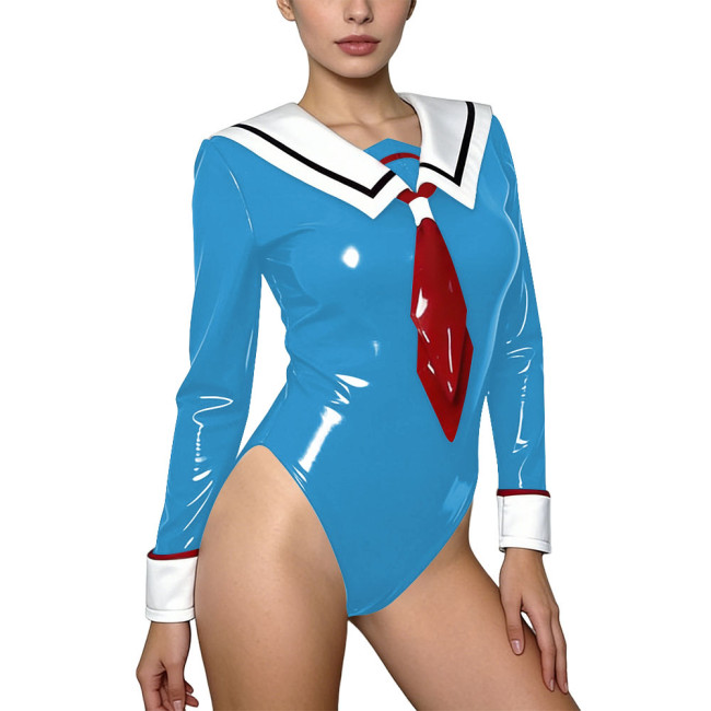 Sexy Themed Party Sailor Outfit Wetlook PVC Leather Long Sleeve Bodysuit with Necktie Cross Dresser Halloween Cosplay Costume