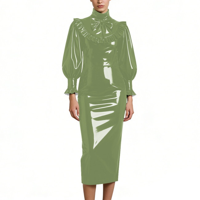 Cocktail Party Shiny PVC Leather Midi Dresses Lockable High Neck Long Sleeve Slim Fit Pencil Dress with Bow Vintage Gown Dress