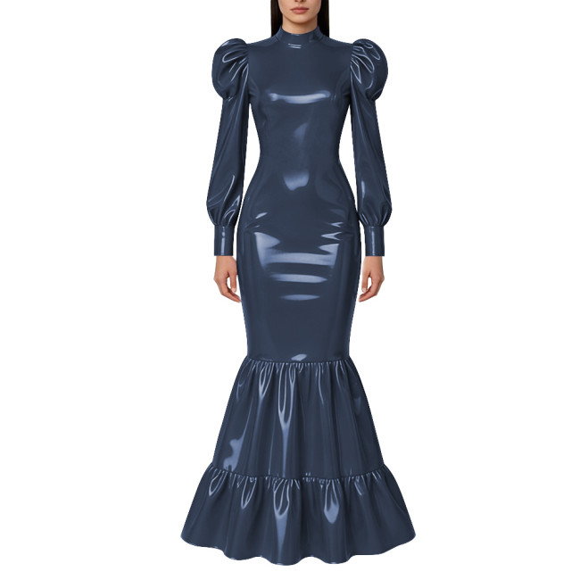 Elegant Lockable Long Mermaid Dresses Mock Neck Glossy PVC Leather Puff Sleeve Ruffled Hem Maxi Dress Gown for Party Evening