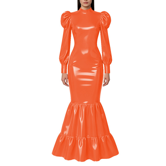 Elegant Lockable Long Mermaid Dresses Mock Neck Glossy PVC Leather Puff Sleeve Ruffled Hem Maxi Dress Gown for Party Evening