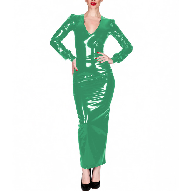 Shiny PVC Leather Solid Color Long Dress Office Ladies Long Sleeve V Neck Stretchy Bodycon Dress Womens Elegant Party Vestidos