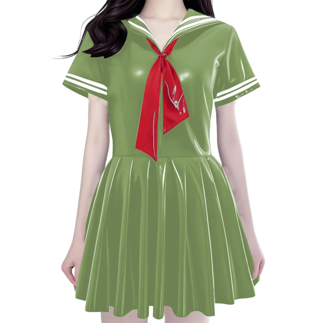 Women's Shiny PVC Mini Sailor Dress Sweet Schoolgirl Cosplay Costume with Red Necktie Wet Look Pleated Mini Dress for Party