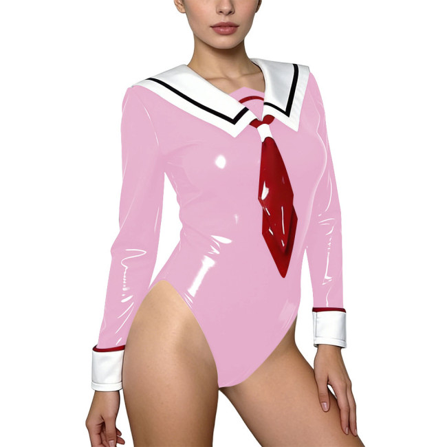 Sexy Themed Party Sailor Outfit Wetlook PVC Leather Long Sleeve Bodysuit with Necktie Cross Dresser Halloween Cosplay Costume