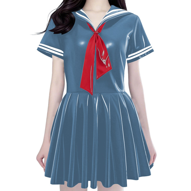 Women's Shiny PVC Mini Sailor Dress Sweet Schoolgirl Cosplay Costume with Red Necktie Wet Look Pleated Mini Dress for Party