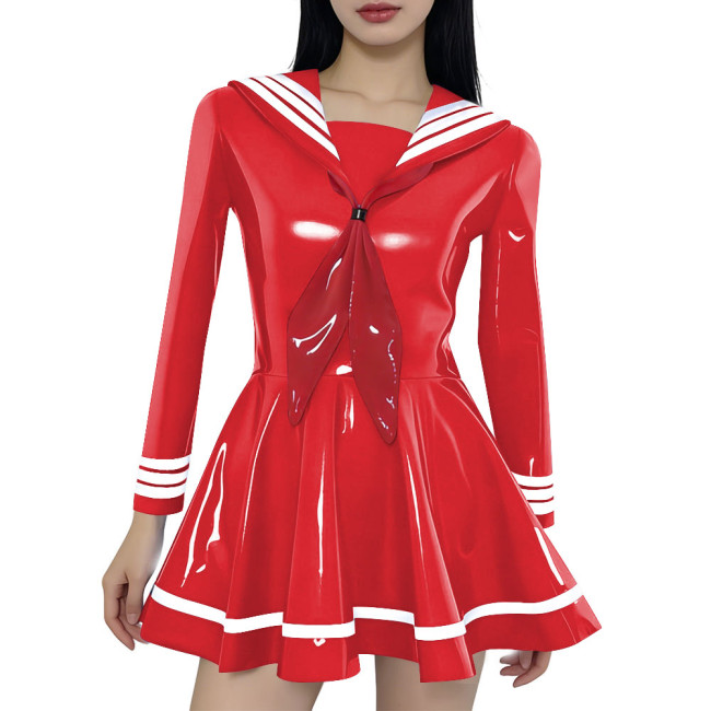 Preppy Style Shiny Sailor Collar Mini Dress Womens Long Sleeve Sweet Bow A-line Dress Vinyl PVC Leather Party Cosplay Dresses