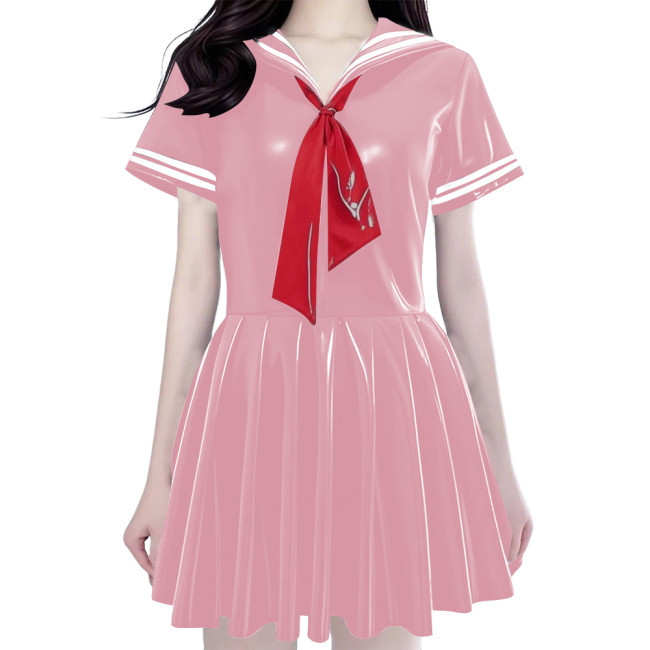 Women's Shiny PVC Mini Sailor Dress Sweet Schoolgirl Cosplay Costume with Red Necktie Wet Look Pleated Mini Dress for Party