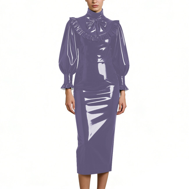 Cocktail Party Shiny PVC Leather Midi Dresses Lockable High Neck Long Sleeve Slim Fit Pencil Dress with Bow Vintage Gown Dress