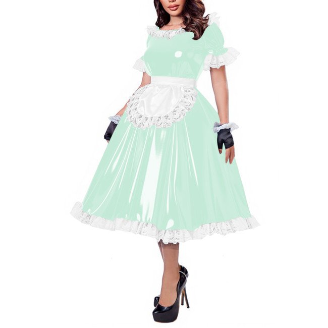 French Maid Lace Trim Glossy Midi Dress Sissy Puff Sleeve Apron Wet PVC Leather A-line Dress for Halloween Party Cosplay Outfits