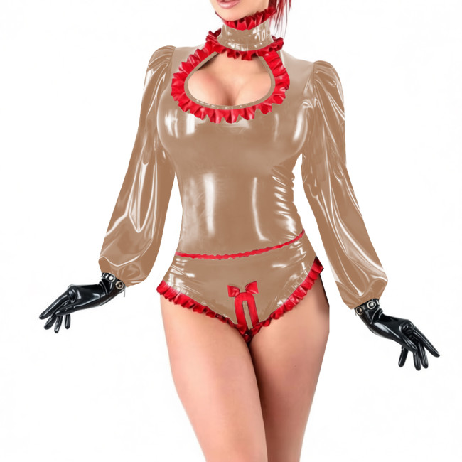 Party Sexy Hollow Out Shiny PVC Bodysuit Lockable Long Sleeve High Cut Wetlook Rompers Sissy Zipper Open Crotch High Cut Catsuit