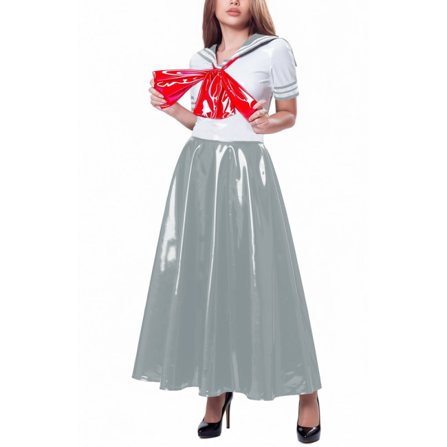 Womens Party Sailor Style Pleated Maxi Dress Vinyl PVC Leather Bow Patchwork A-line Dresses Sissy Shiny Anime Cosplay Costume