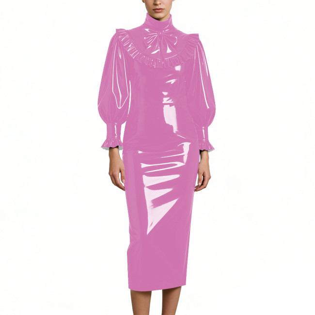 Cocktail Party Shiny PVC Leather Midi Dresses Lockable High Neck Long Sleeve Slim Fit Pencil Dress with Bow Vintage Gown Dress