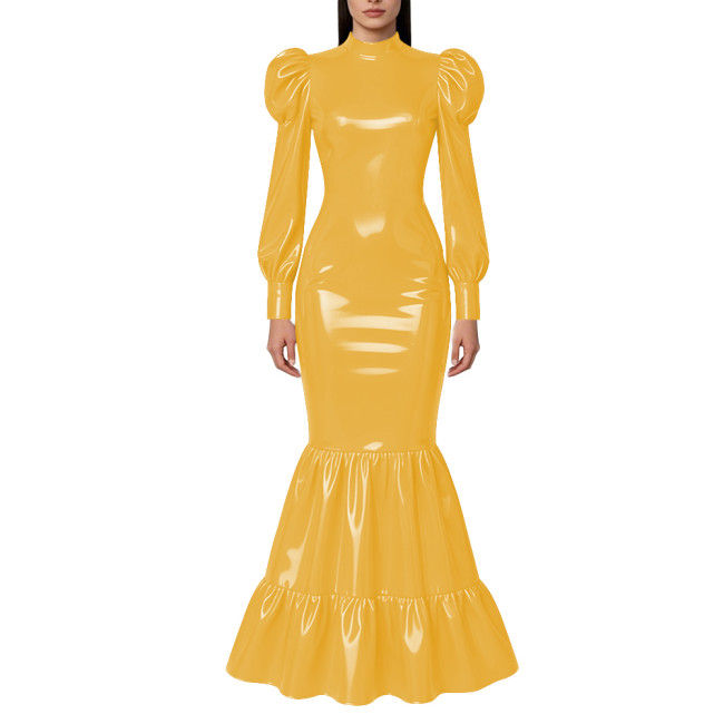 Elegant Lockable Long Mermaid Dresses Mock Neck Glossy PVC Leather Puff Sleeve Ruffled Hem Maxi Dress Gown for Party Evening