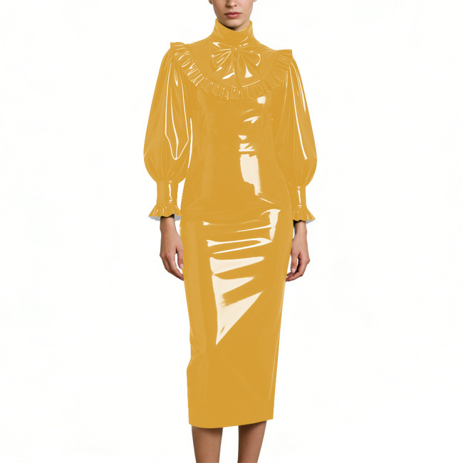 Cocktail Party Shiny PVC Leather Midi Dresses Lockable High Neck Long Sleeve Slim Fit Pencil Dress with Bow Vintage Gown Dress