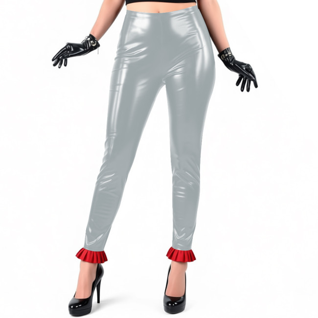 Women's Glossy PVC Leather Leggings with Ruffles Hem High Waist Stretchy Skinny Pants Wetlook Zippers Pencil Pant Party Clubwear