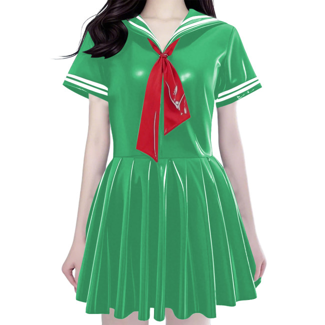 Women's Shiny PVC Mini Sailor Dress Sweet Schoolgirl Cosplay Costume with Red Necktie Wet Look Pleated Mini Dress for Party