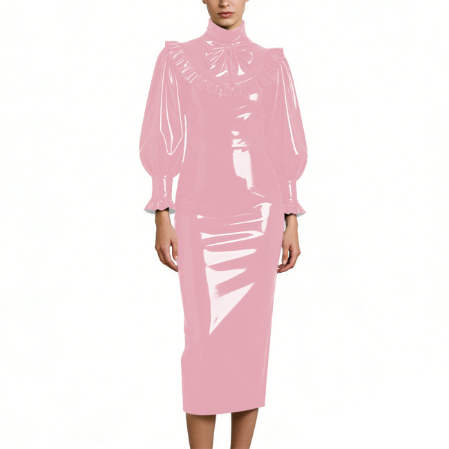Cocktail Party Shiny PVC Leather Midi Dresses Lockable High Neck Long Sleeve Slim Fit Pencil Dress with Bow Vintage Gown Dress