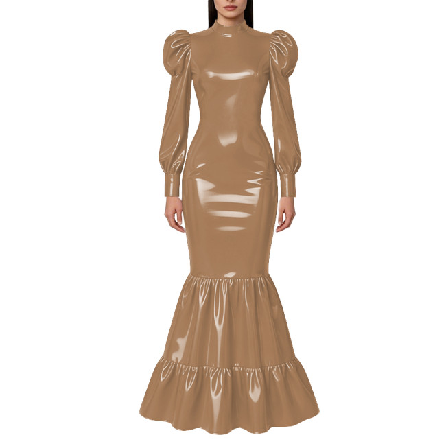 Elegant Lockable Long Mermaid Dresses Mock Neck Glossy PVC Leather Puff Sleeve Ruffled Hem Maxi Dress Gown for Party Evening