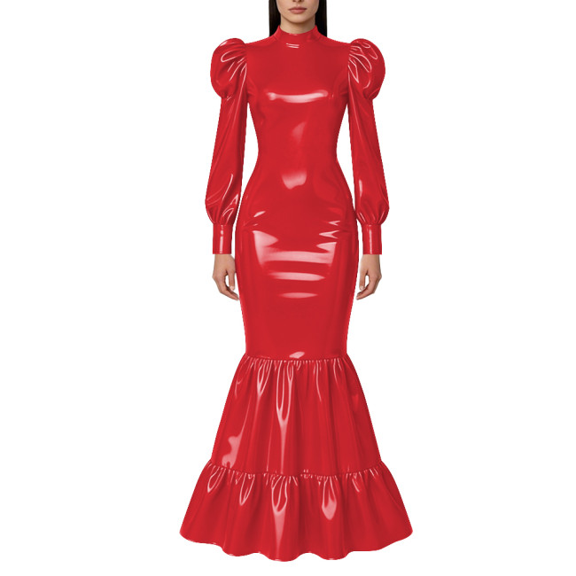 Elegant Lockable Long Mermaid Dresses Mock Neck Glossy PVC Leather Puff Sleeve Ruffled Hem Maxi Dress Gown for Party Evening