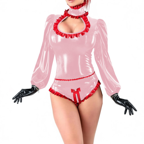 Party Sexy Hollow Out Shiny PVC Bodysuit Lockable Long Sleeve High Cut Wetlook Rompers Sissy Zipper Open Crotch High Cut Catsuit
