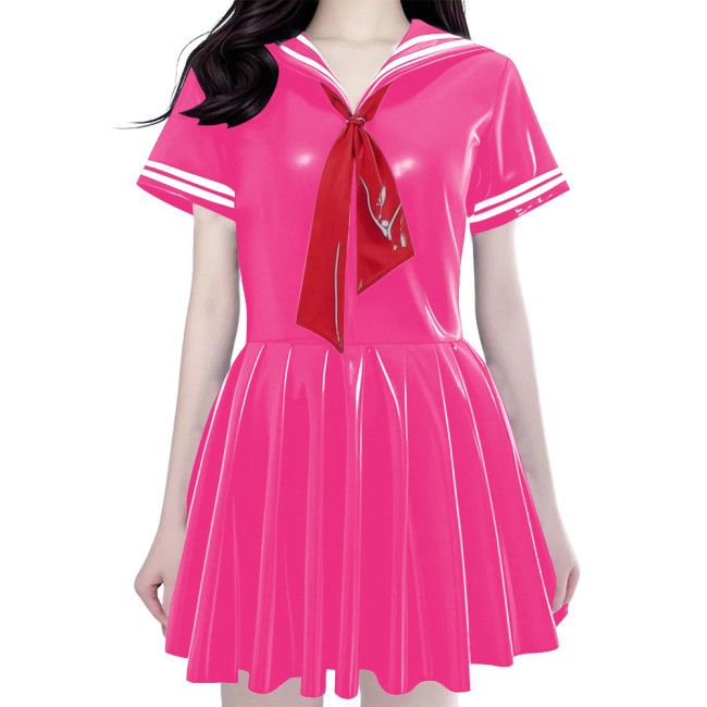 Women's Shiny PVC Mini Sailor Dress Sweet Schoolgirl Cosplay Costume with Red Necktie Wet Look Pleated Mini Dress for Party