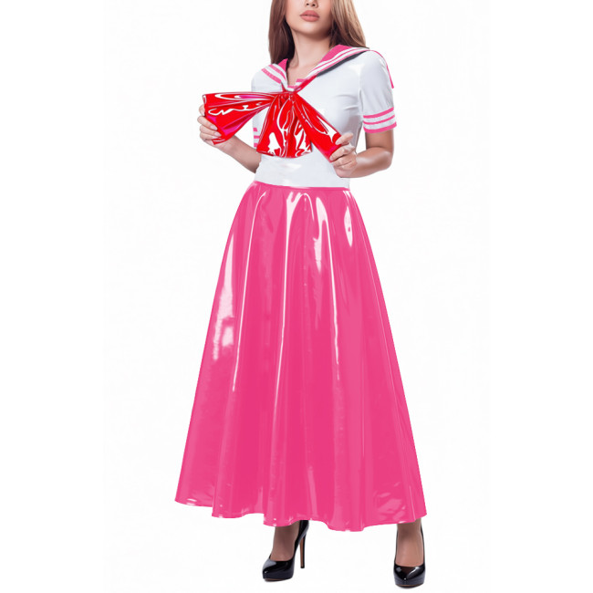 Womens Party Sailor Style Pleated Maxi Dress Vinyl PVC Leather Bow Patchwork A-line Dresses Sissy Shiny Anime Cosplay Costume