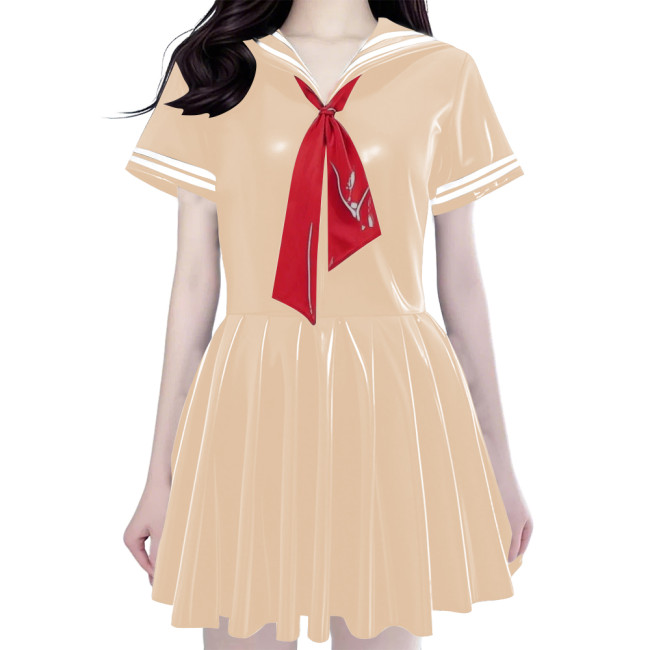 Women's Shiny PVC Mini Sailor Dress Sweet Schoolgirl Cosplay Costume with Red Necktie Wet Look Pleated Mini Dress for Party