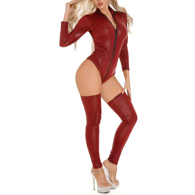 Pole Dance Sexy Leotard Outfits Womens Printing Plaid Long Sleeve Zipper Front Bodysuit with Thigh-High Stockings Party Clubwear