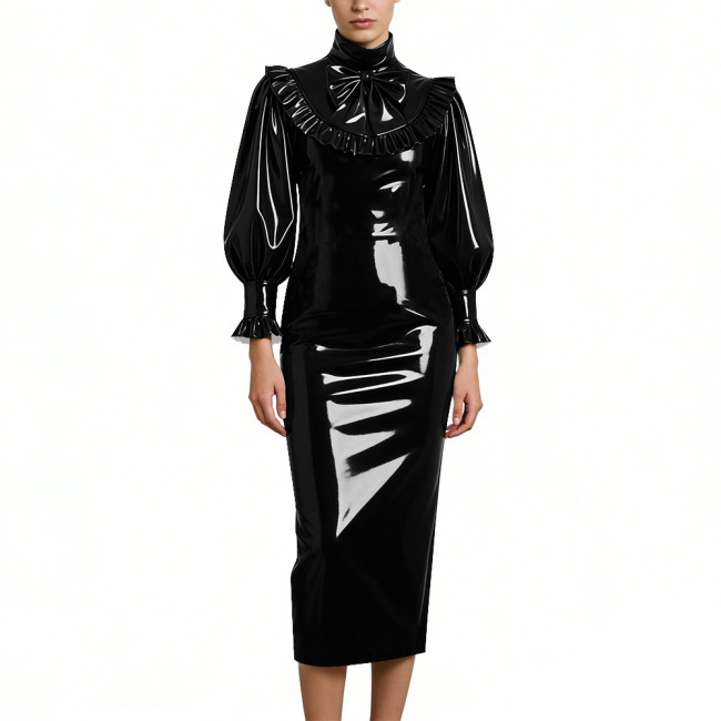 Cocktail Party Shiny PVC Leather Midi Dresses Lockable High Neck Long Sleeve Slim Fit Pencil Dress with Bow Vintage Gown Dress