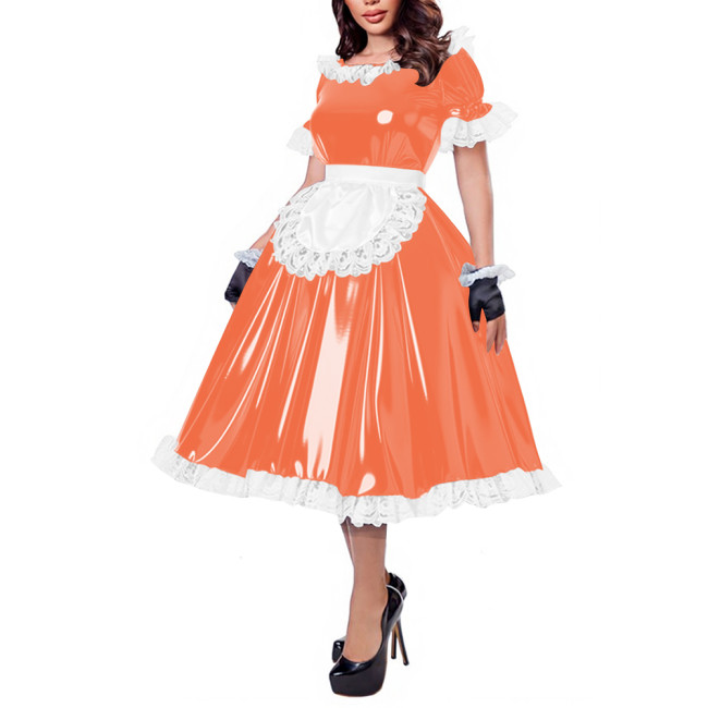 French Maid Lace Trim Glossy Midi Dress Sissy Puff Sleeve Apron Wet PVC Leather A-line Dress for Halloween Party Cosplay Outfits