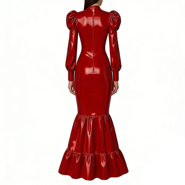 Elegant Lockable Long Mermaid Dresses Mock Neck Glossy PVC Leather Puff Sleeve Ruffled Hem Maxi Dress Gown for Party Evening